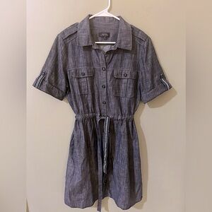 Tahari Slate Blue Button-Front Drawstring Shirt Dress